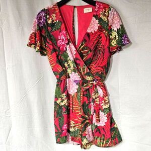 Everly Pink Tropical Floral Print Deep Crossover V-Neck Elastic Waist Romper